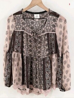 Knox Rose Boho Patchwork Blouse Purple Paisley Medium Semi Sheer